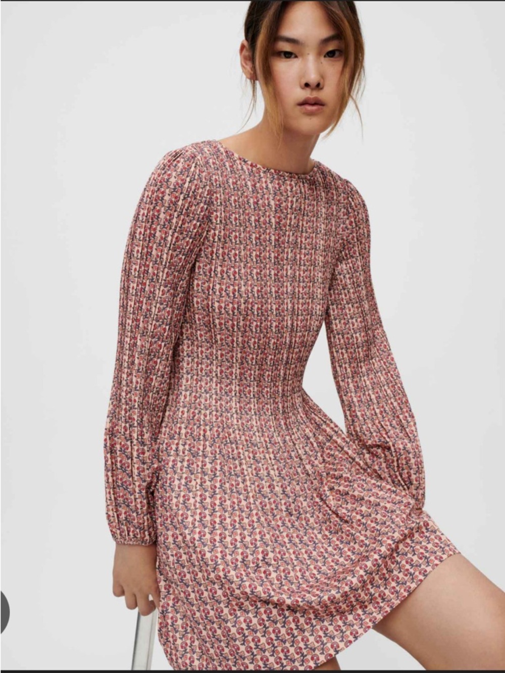 Maje Beige Floral-Print Long-Sleeve Smocked Mini Dress